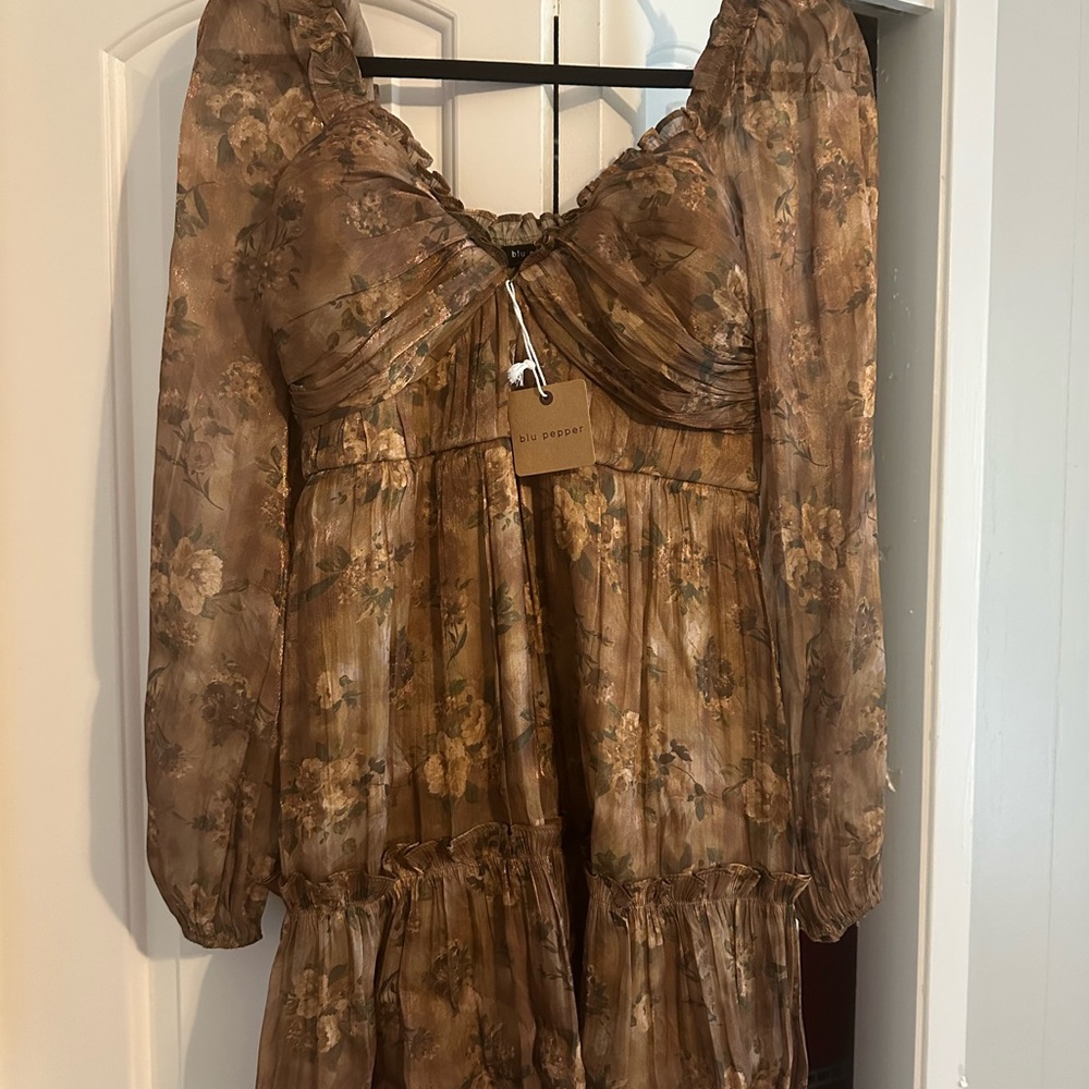 Blu Pepper Floral Long Sleeve Dress - Brown